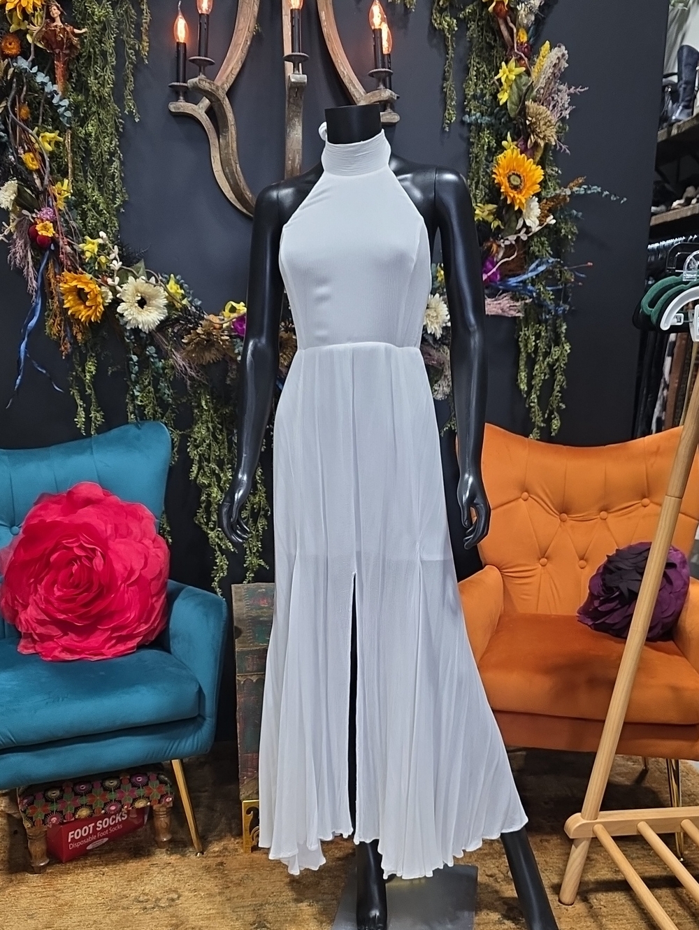 Free People White Halter Pleated Maxi Dress with Front Slit